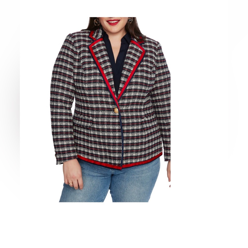 Court & Rowe plaid tweed blazer with web satin trim